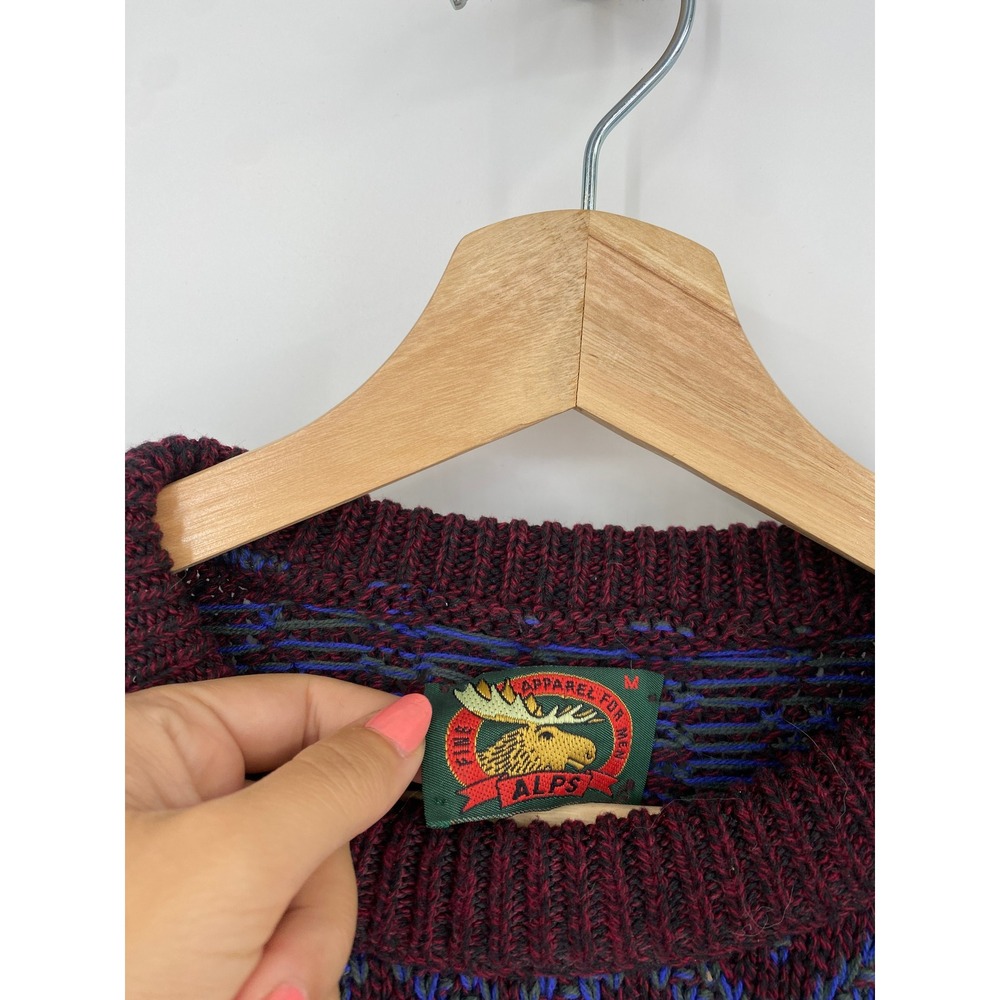 Vintage ALPS Sweater Mens Burgundy Fair Isle Geometric Knit Crewneck USA Made - Picture 3 of 5